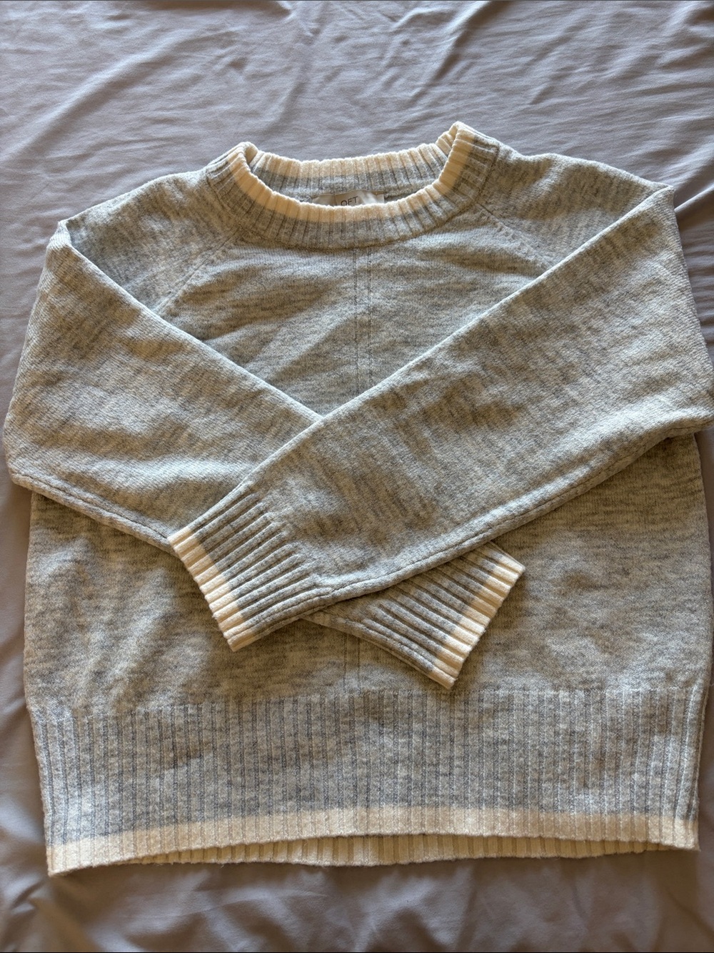 LOFT Crewneck Sweater in Light Gray with Cream Trim